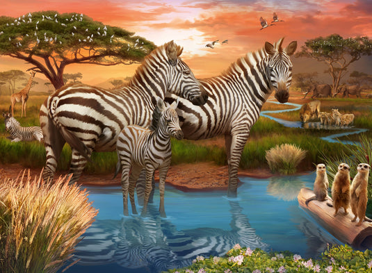 Zebras at the Waterhole 500 Piece Jigsaw Puzzle by Ravensburger - 1